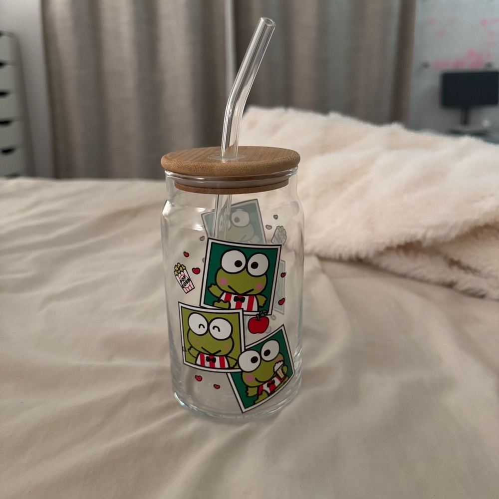 Cute Keroppi Glass Tumbler with Straw